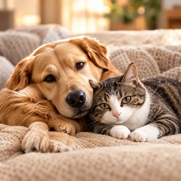 Goue retriever en kat lê saam op ’n sagte kombers