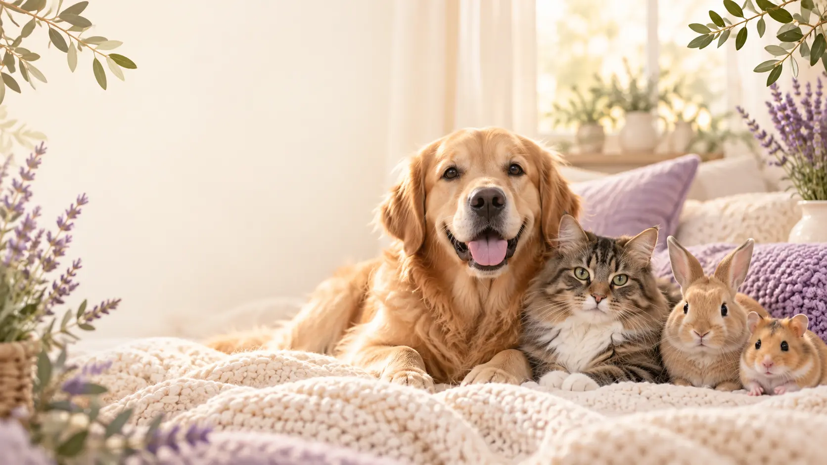 Goue retriever, kat, hasie en hamster saam op ’n sagte roomkleurige kombers
